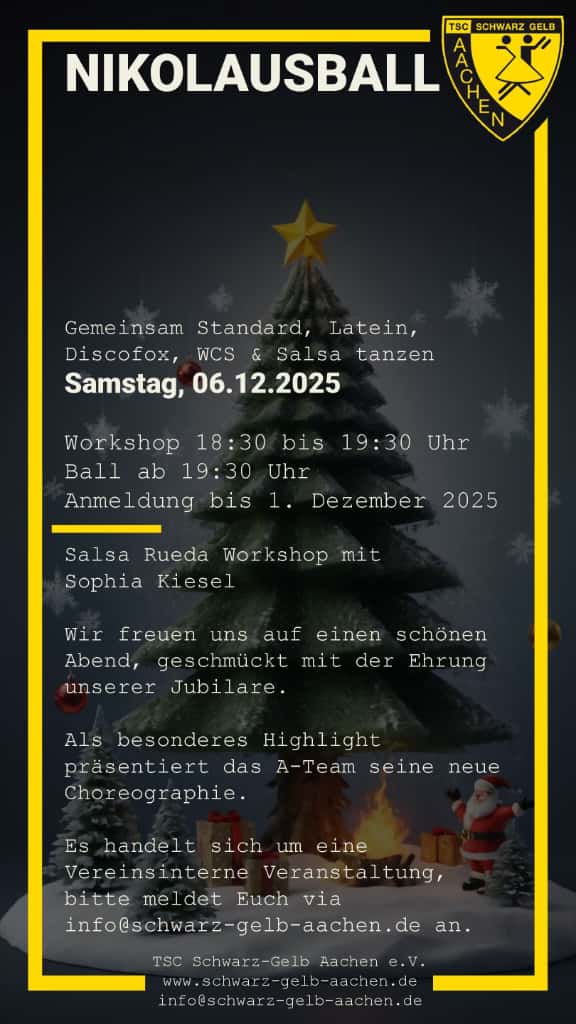 Plakat Nikolausball 2025 des TSC Schwarz-Gelb Aachen mit Weihnachtsbaum und weihnachtlicher Gestaltung
