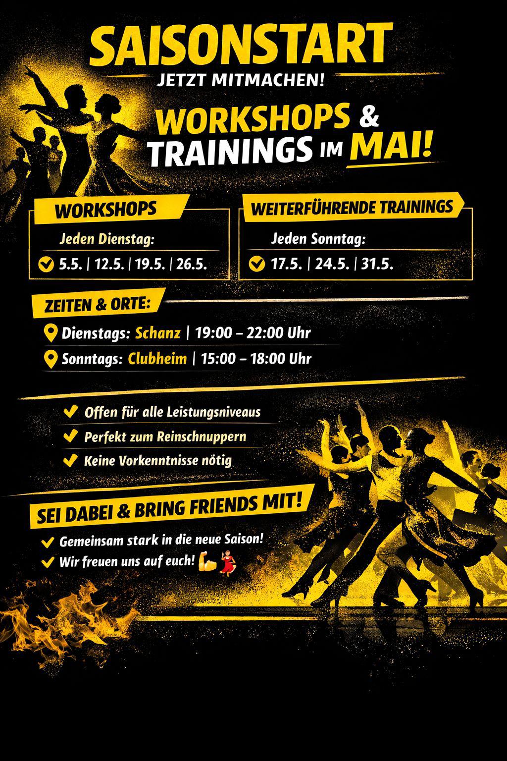 Saisonstart: Workshops und Trainings im Mai beim TSC Schwarz-Gelb Aachen